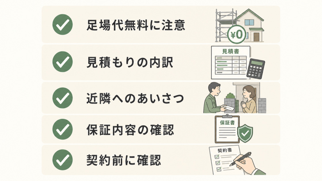 足場代無料、見積もり内訳、近隣あいさつ、保証内容など外壁塗装の契約前に確認すべき項目を示した図解