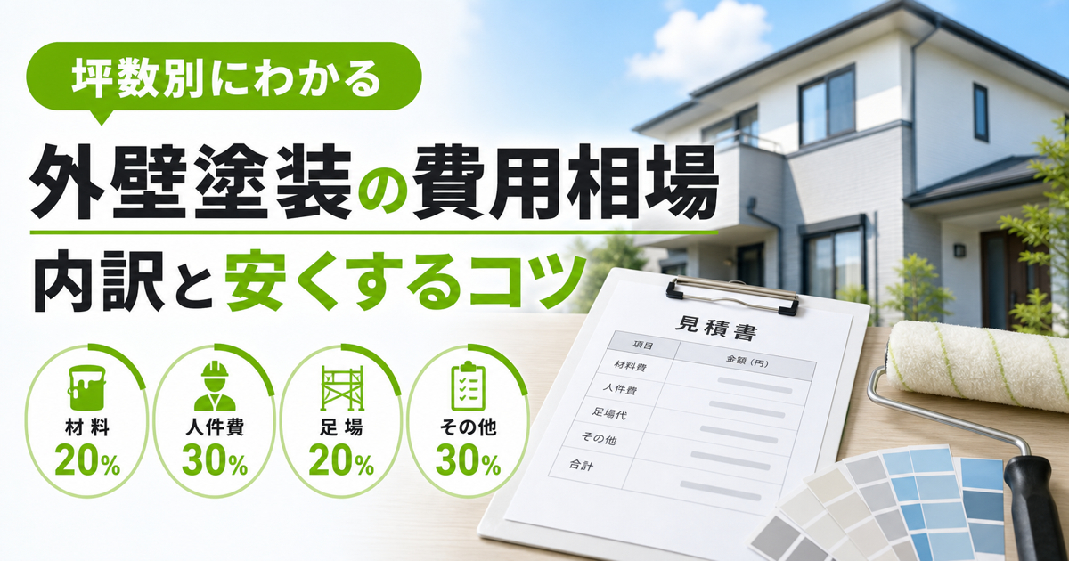 外壁塗装の費用相場について、見積書や塗装ローラー、材料費・人件費・足場代などの内訳を示したサムネイル画像