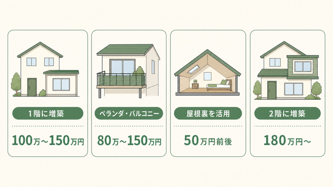 3畳の増築費用を、1階増築、ベランダ・バルコニー、屋根裏、2階増築の4工法別に比較した図解