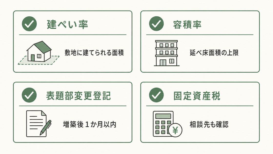 増築前に確認したい建ぺい率、容積率、建物表題部変更登記、固定資産税のチェックリスト図解