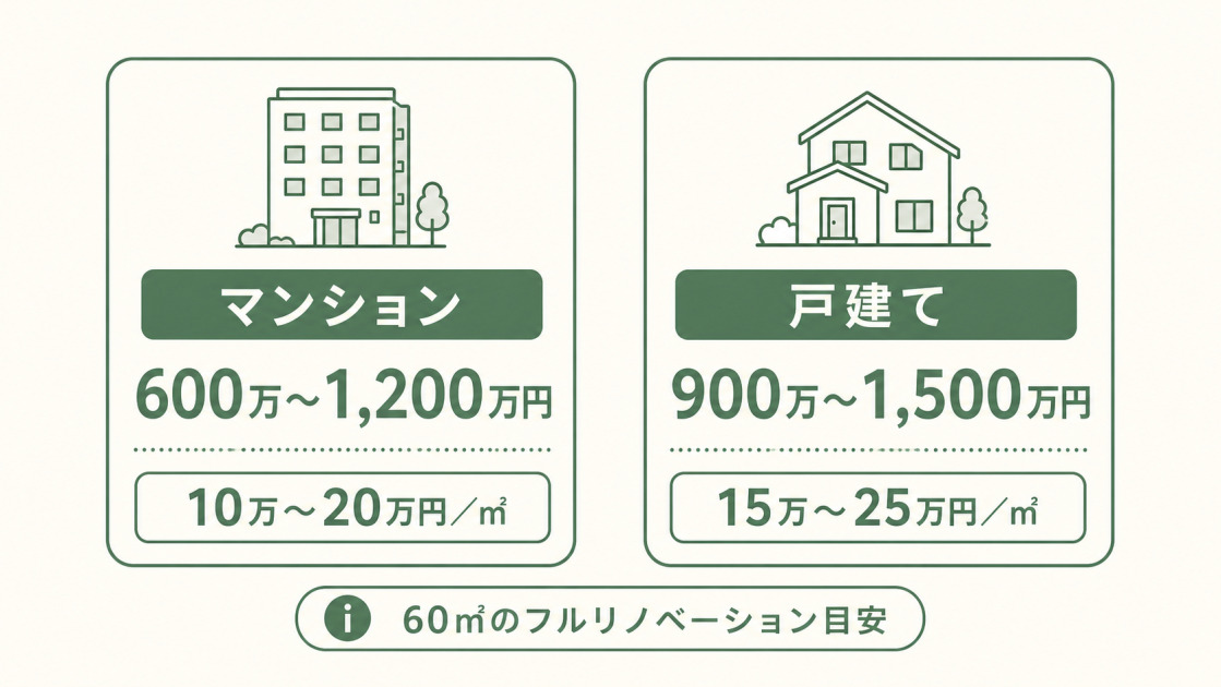 60㎡のフルリノベーション費用の目安として、マンション600万〜1,200万円、戸建て900万〜1,500万円を比較した図解