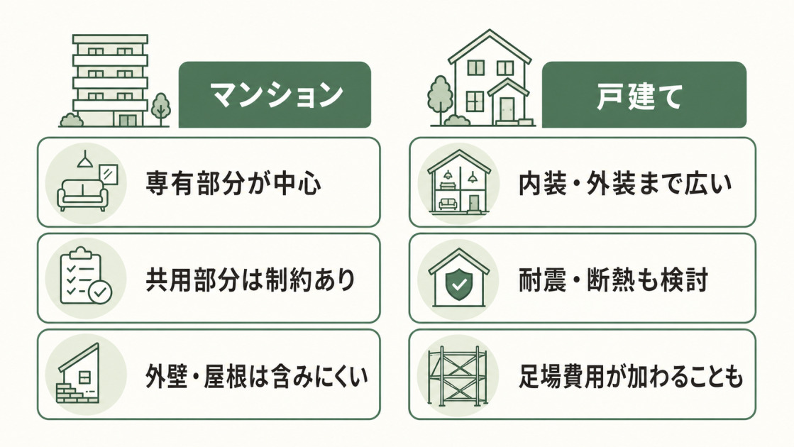 マンションは専有部分中心、戸建ては内装・外装・耐震断熱・足場費用まで広がりやすいことを比較した図解