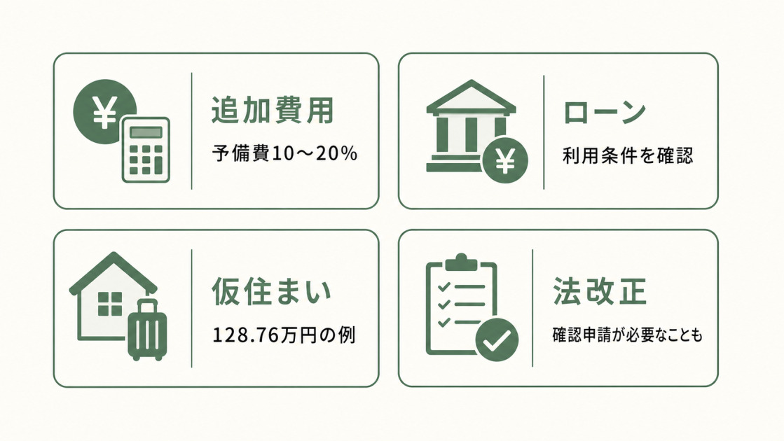 リノベーション計画で注意したい追加費用、ローン、仮住まい、法改正の確認ポイントを整理した図解