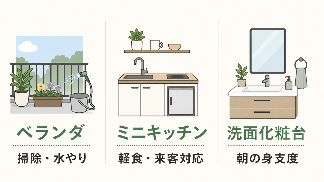 2階に水道を引くメリットをベランダ、ミニキッチン、洗面化粧台の用途別に示した図解