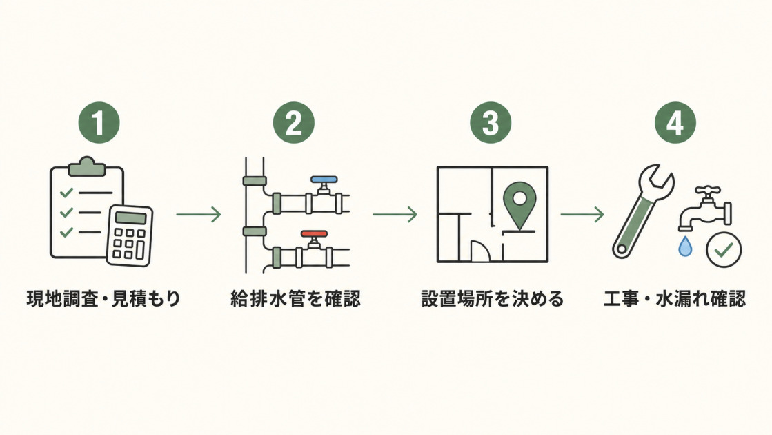 2階に水道を引く工事の流れを、現地調査・見積もり、給排水管確認、設置場所決定、工事・水漏れ確認の4ステップで示した図解