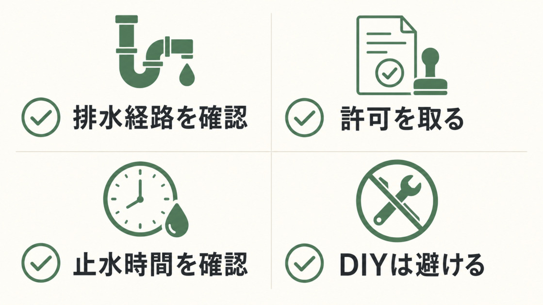 2階に水道を引く前の確認事項として、排水経路、許可、止水時間、DIYを避けることを示した図解