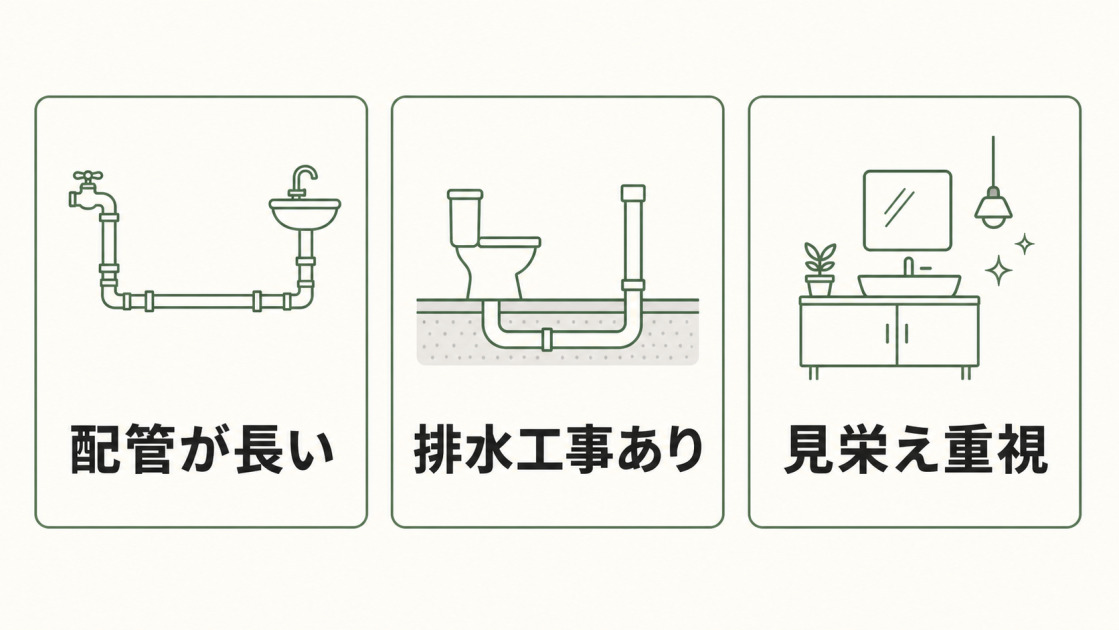 2階の水道工事費用が上がりやすい要因として、配管が長い、排水工事あり、見栄え重視の3点を示した図解