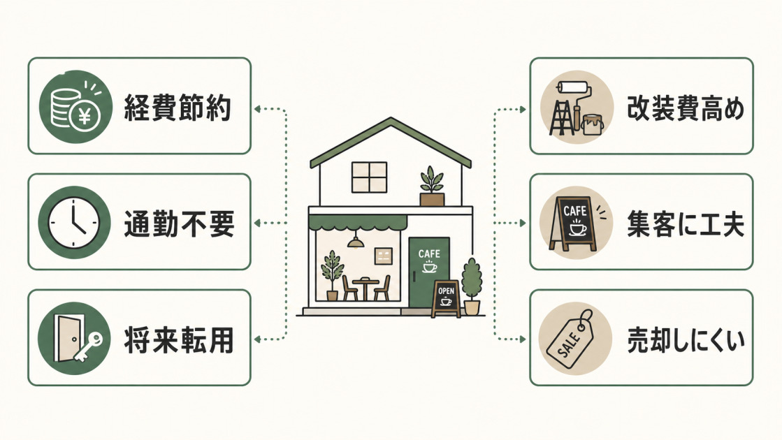 カフェ店舗併用住宅の経費節約、通勤不要、将来転用と、改装費高め、集客に工夫、売却しにくい点を比較した図解