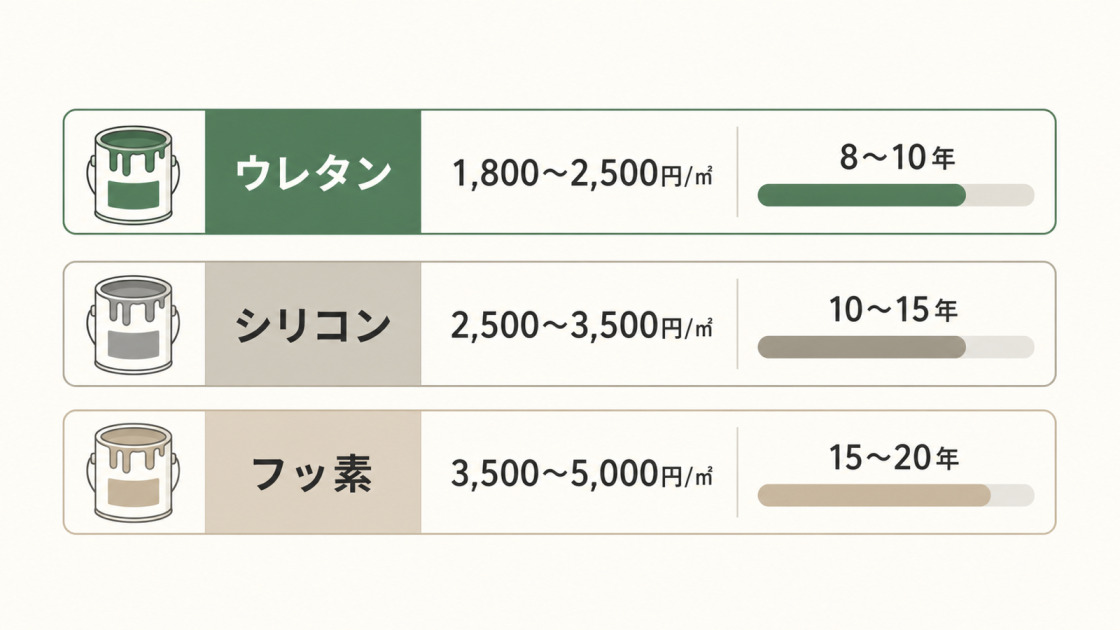 ウレタン・シリコン・フッ素塗料の1平方メートルあたりの費用相場と耐用年数を比較した図解