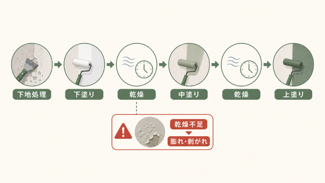 ウレタン塗装では下地処理、下塗り、乾燥、中塗り、乾燥、上塗りの工程を守らないと膨れや剥がれにつながることを示す図解