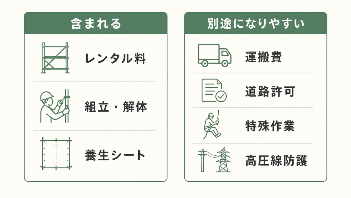 足場費用の単価に含まれる費用と別途になりやすい費用を示した図解