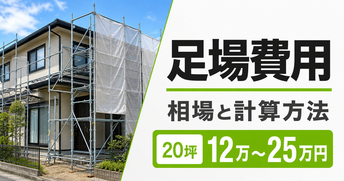 仮設足場が組まれた戸建て住宅と、足場費用の相場・計算方法を示したサムネイル画像
