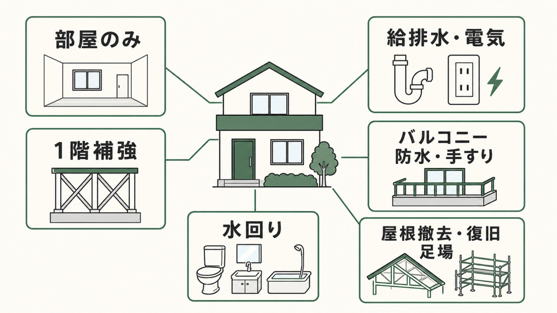 2階増築で部屋のみの工事から水回りやバルコニーや屋根工事が加わると費用が上がることを示した図解