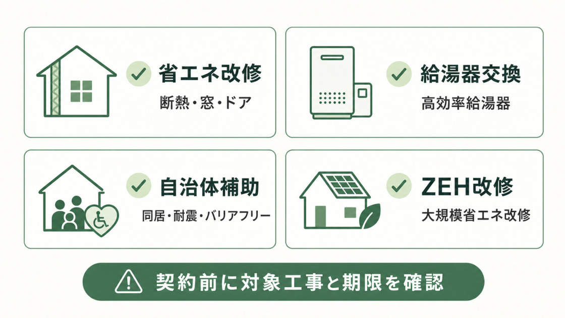 二世帯住宅リフォームで確認したい省エネ改修、給湯器交換、自治体補助、ZEH改修の図解