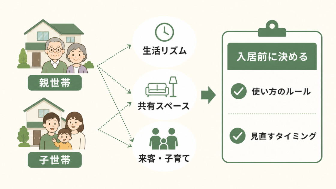 親世帯と子世帯で起きやすい生活リズム、共有スペース、来客・子育ての悩みとルール作りを示す図解