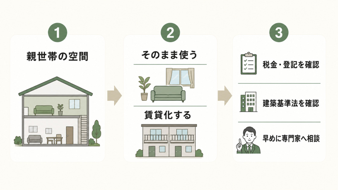 親世帯の空間をそのまま使うか賃貸化する際に税金、登記、建築基準法を確認する流れの図解