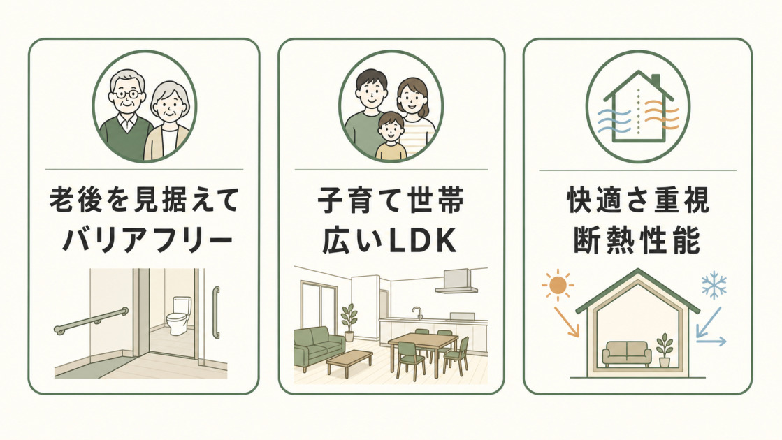 老後はバリアフリー、子育て世帯は広いLDK、快適さ重視は断熱性能など費用をかける場所を絞る例の図解