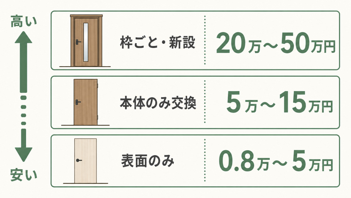 室内ドアリフォーム費用を表面のみ0.8万〜5万円、本体のみ交換5万〜15万円、枠ごと・新設20万〜50万円の3段階で示した図。
