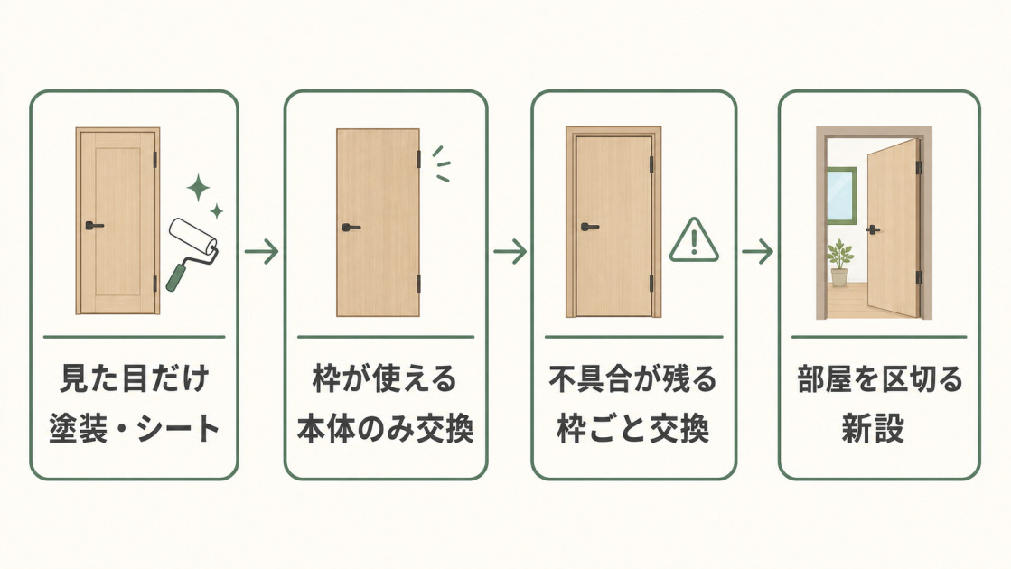 室内ドアリフォームの工事範囲を、見た目だけなら塗装・シート、枠が使えるなら本体のみ交換、不具合が残るなら枠ごと交換、部屋を区切るなら新設と整理した図。