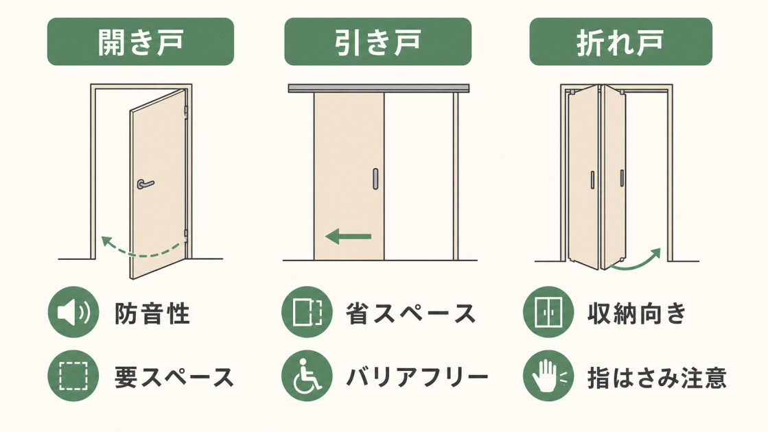 開き戸は防音性が高いがスペースが必要、引き戸は省スペースでバリアフリー向き、折れ戸は収納向きで指はさみに注意と比較した図。