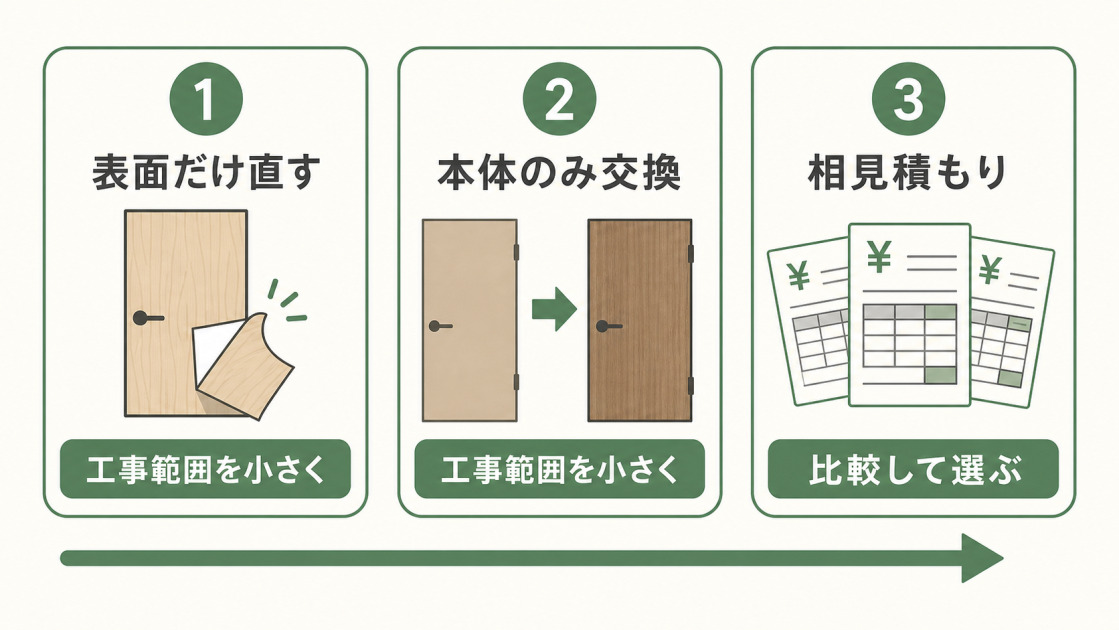室内ドアリフォーム費用を抑える方法として、表面だけ直す、本体のみ交換、相見積もりの順に示した図。