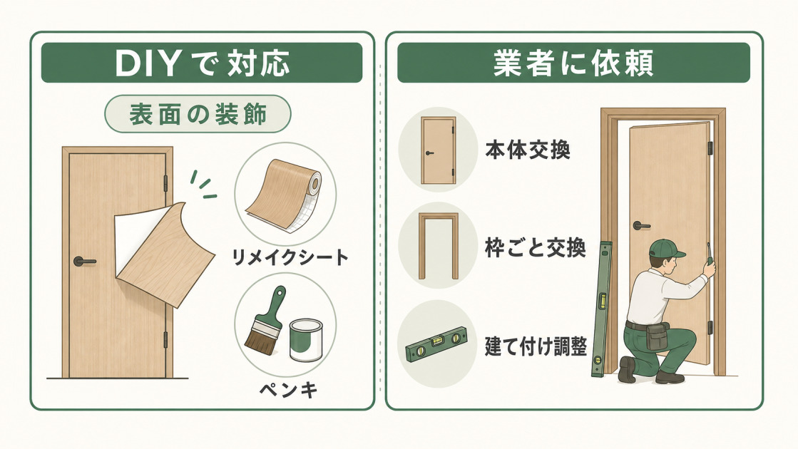 室内ドアリフォームでDIY対応できる表面の装飾と、業者に依頼すべき本体交換・枠ごと交換・建て付け調整を分けて示した図。