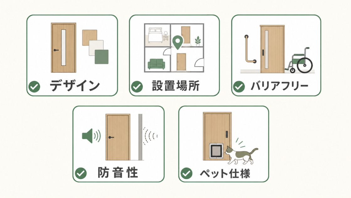 室内ドアを選ぶときに確認したいデザイン、設置場所、バリアフリー、防音性、ペット仕様の5つのポイントを示した図。