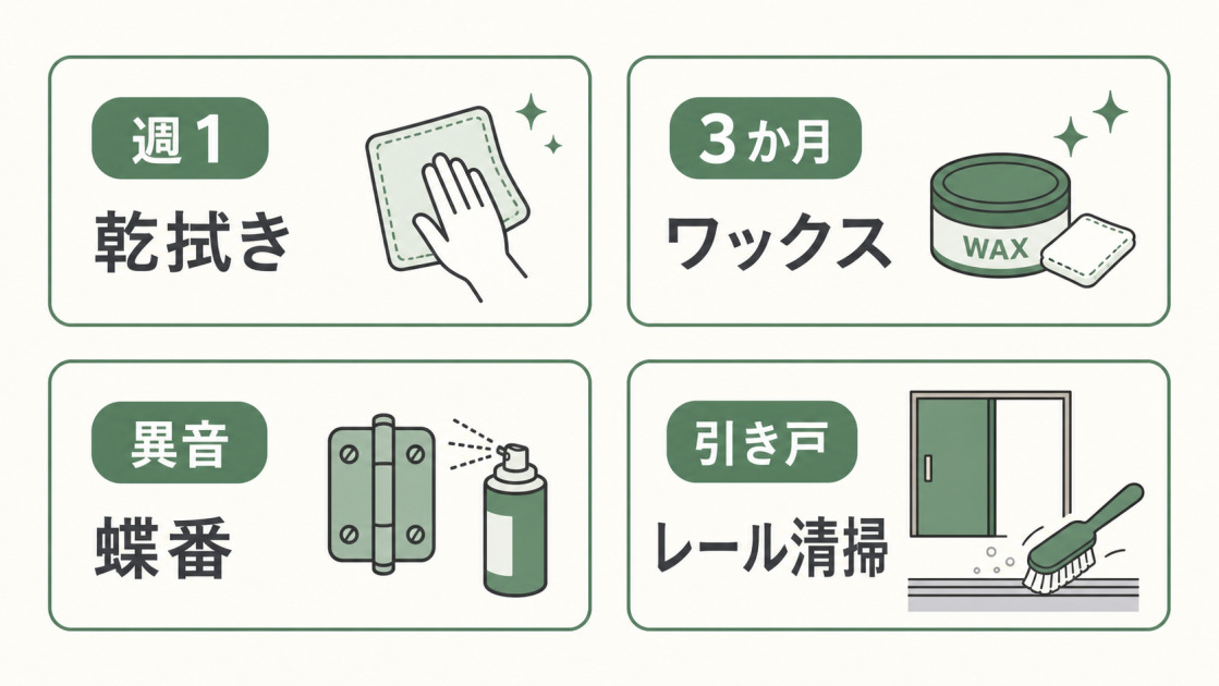 室内ドアのメンテナンスとして週1回の乾拭き、3か月ごとのワックス、異音時の蝶番確認、引き戸のレール清掃を示した図。