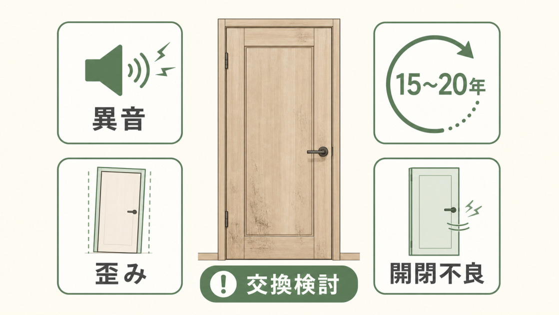 室内ドアの交換時期の目安として15〜20年、異音、歪み、開閉不良がある場合は交換検討と示した図。