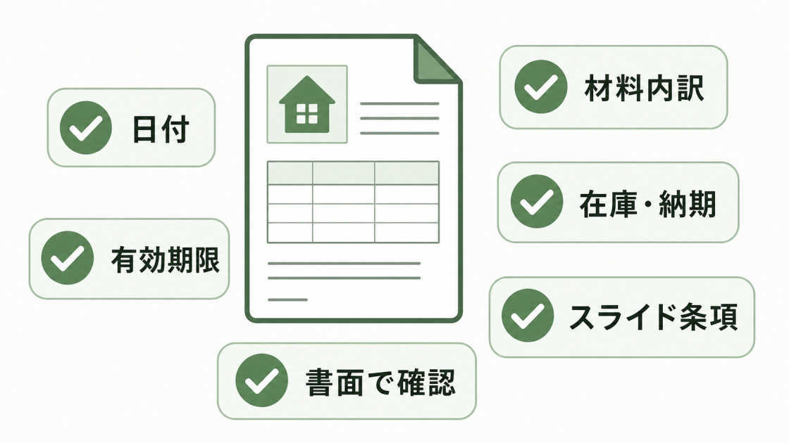 リフォームの見積書と契約書で日付、有効期限、材料内訳、在庫・納期、スライド条項を確認する図解