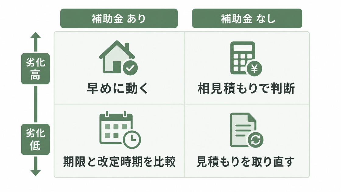 劣化の高低と補助金の有無でリフォームを早めに動くか見積もりを取り直すか判断するマトリクス図解