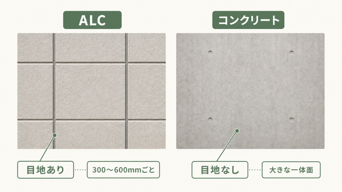 ALC外壁は規則的な目地があり、コンクリート外壁は大きな一体面で目地が少ないことを比較した図解