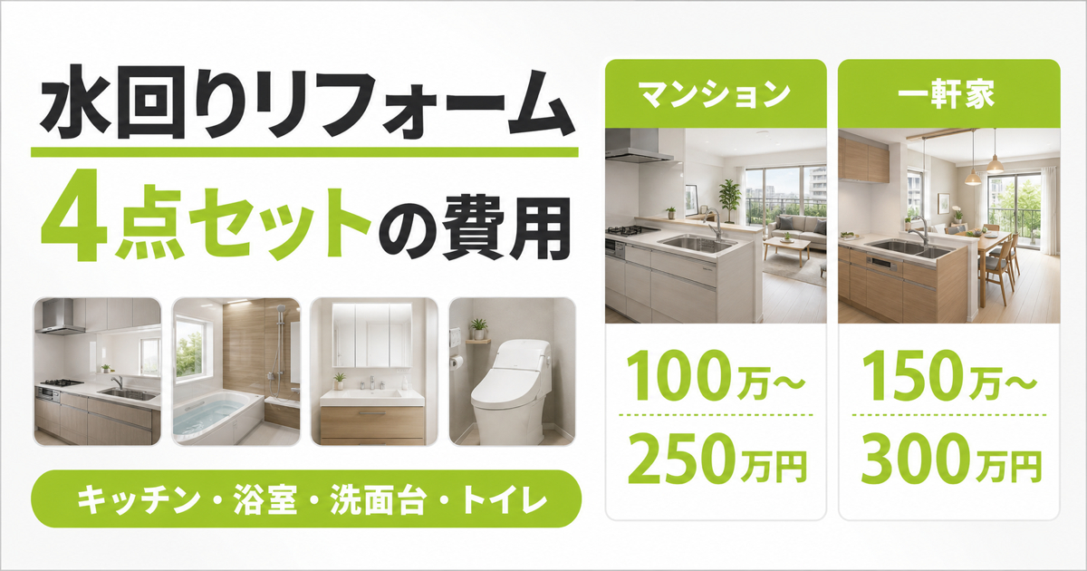 水回りリフォーム4点セットの費用相場を、マンション100万〜250万円・一軒家150万〜300万円で比較したサムネイル画像