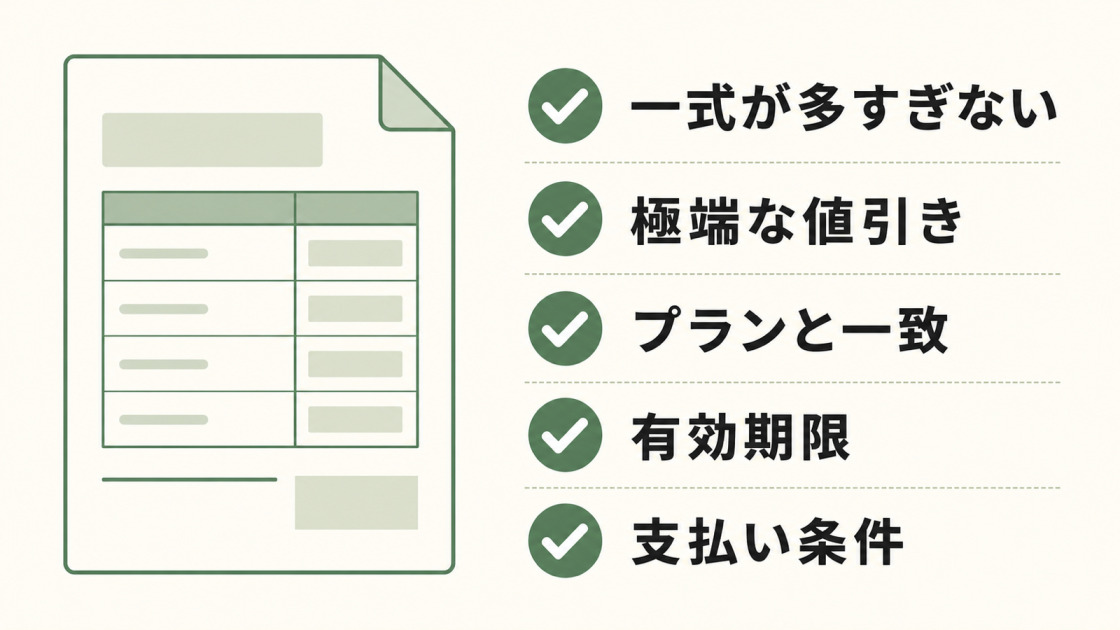 リフォーム見積書で一式表記、極端な値引き、プランとの一致、有効期限、支払い条件を確認する