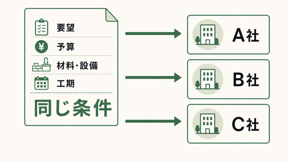 要望、予算、材料・設備、工期を同じ条件にそろえて3社へリフォーム見積もりを依頼する