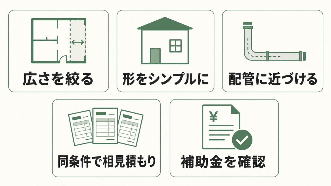 広さを絞る、形をシンプルにする、配管に近づける、同条件で相見積もりを取る、補助金を確認するという5つの増築費用節約策