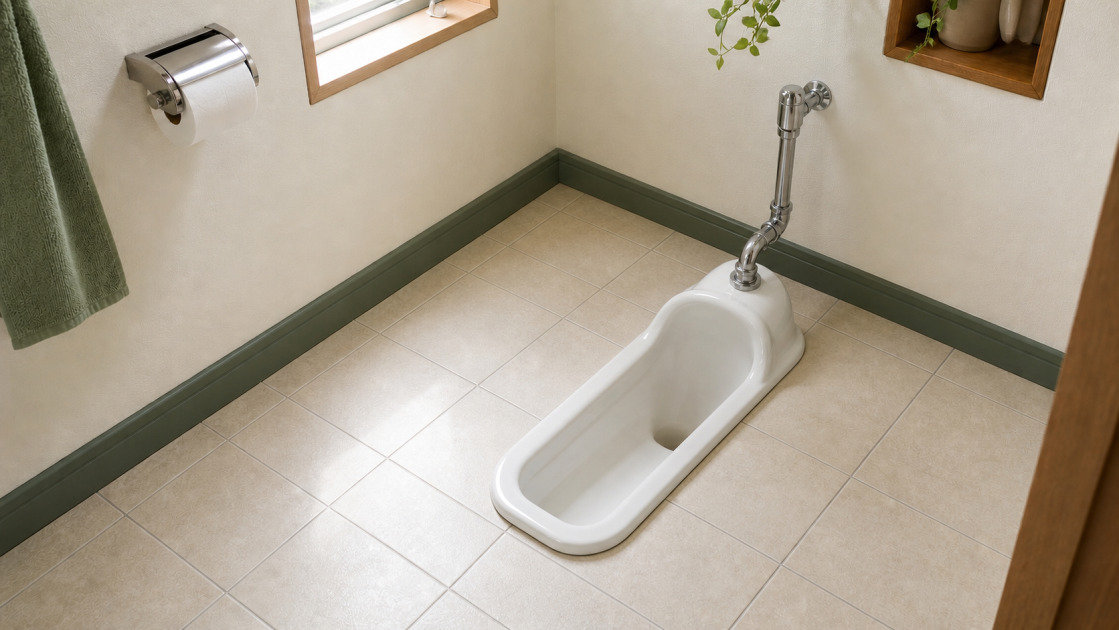 白い和式トイレが床に埋め込まれた清潔なトイレ空間