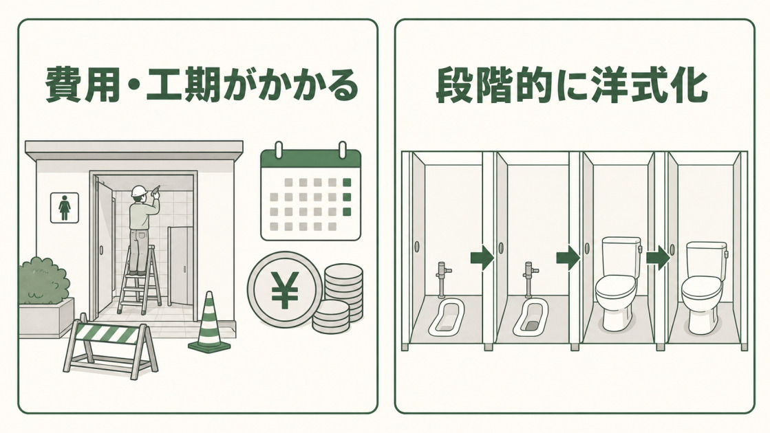 公共施設では費用と工期の都合で和式トイレを段階的に洋式化していることを示す図