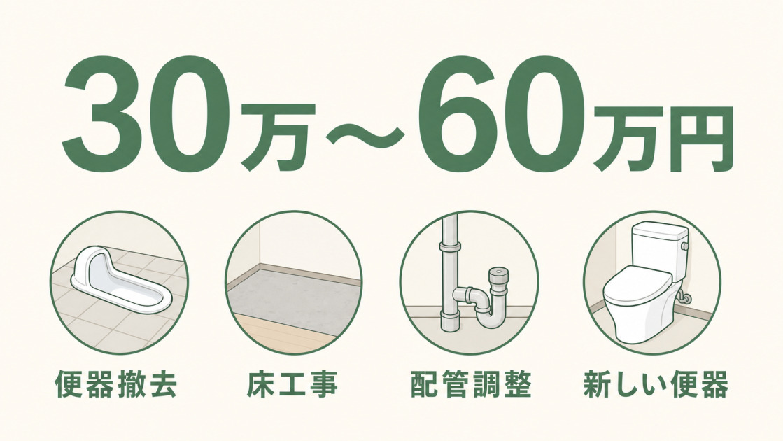 和式から洋式へのリフォーム費用30万〜60万円と便器撤去・床工事・配管調整・新しい便器を示す図