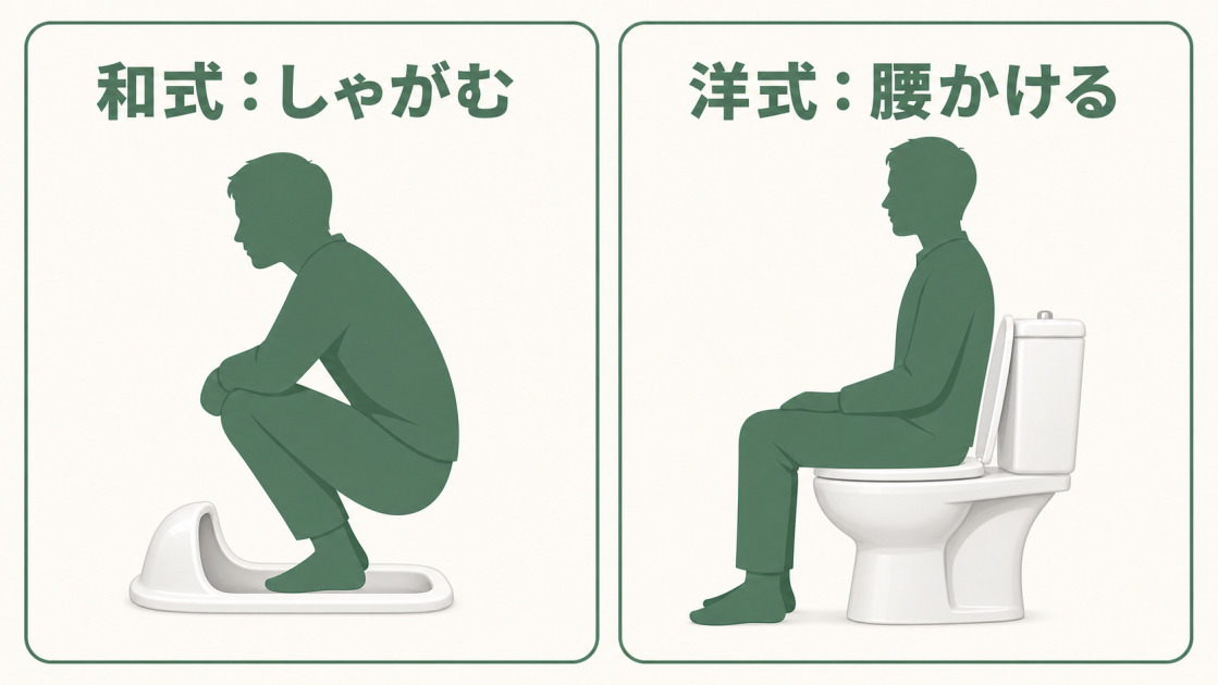 和式はしゃがみ、洋式は腰かけて使用する姿勢の違い