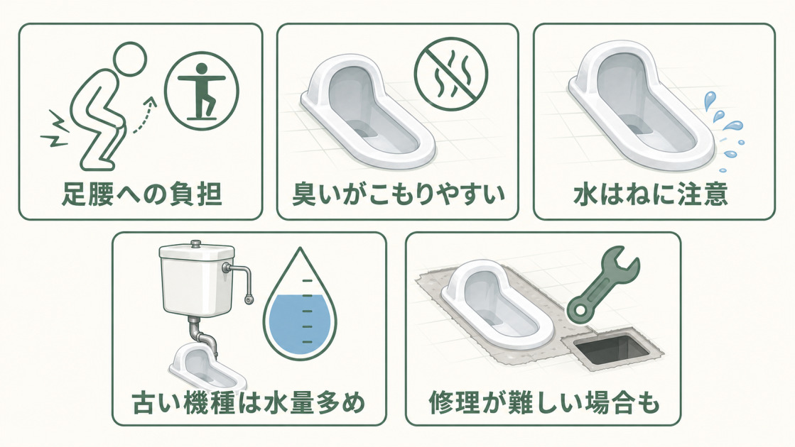 足腰への負担、臭い、水はね、古い機種の洗浄水量、修理の難しさを示す和式トイレの5つのデメリット