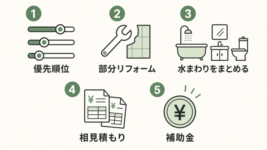 優先順位、部分リフォーム、水まわりのセット工事、相見積もり、補助金の5つの節約方法