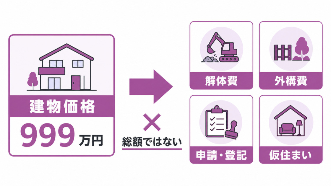 建物価格999万円には解体費・外構費・申請登記・仮住まいが含まれず総額ではないことを示す図解