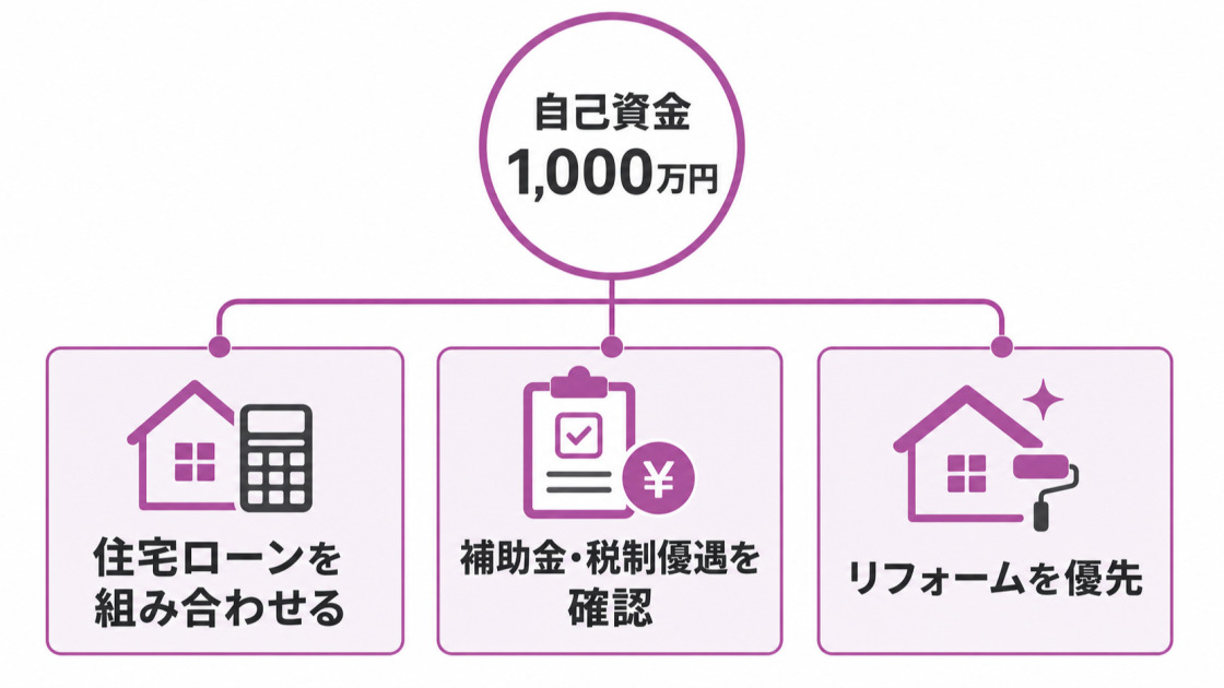 自己資金1,000万円の活用方法として住宅ローン・補助金税制優遇・リフォームの3案を示す図解
