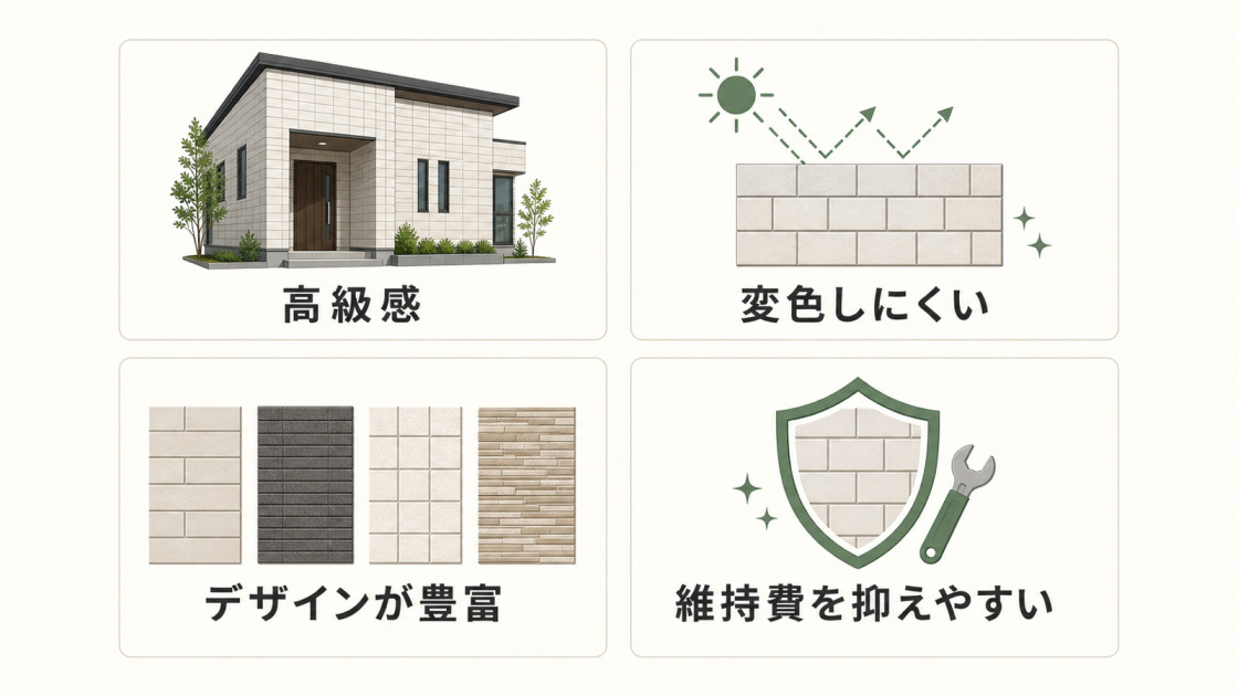 高級感、変色しにくさ、デザインの豊富さ、維持費の抑えやすさというタイル外壁の4つのメリットを示した図解
