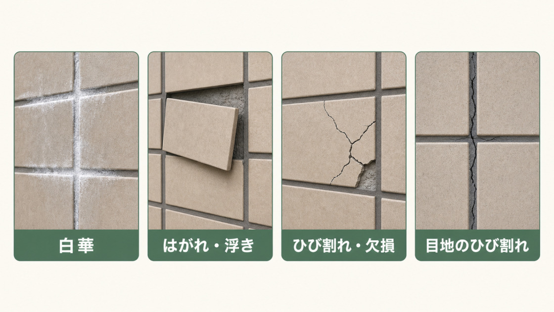 白華、はがれや浮き、ひび割れや欠損、目地のひび割れというタイル外壁の主な経年劣化を示した図解