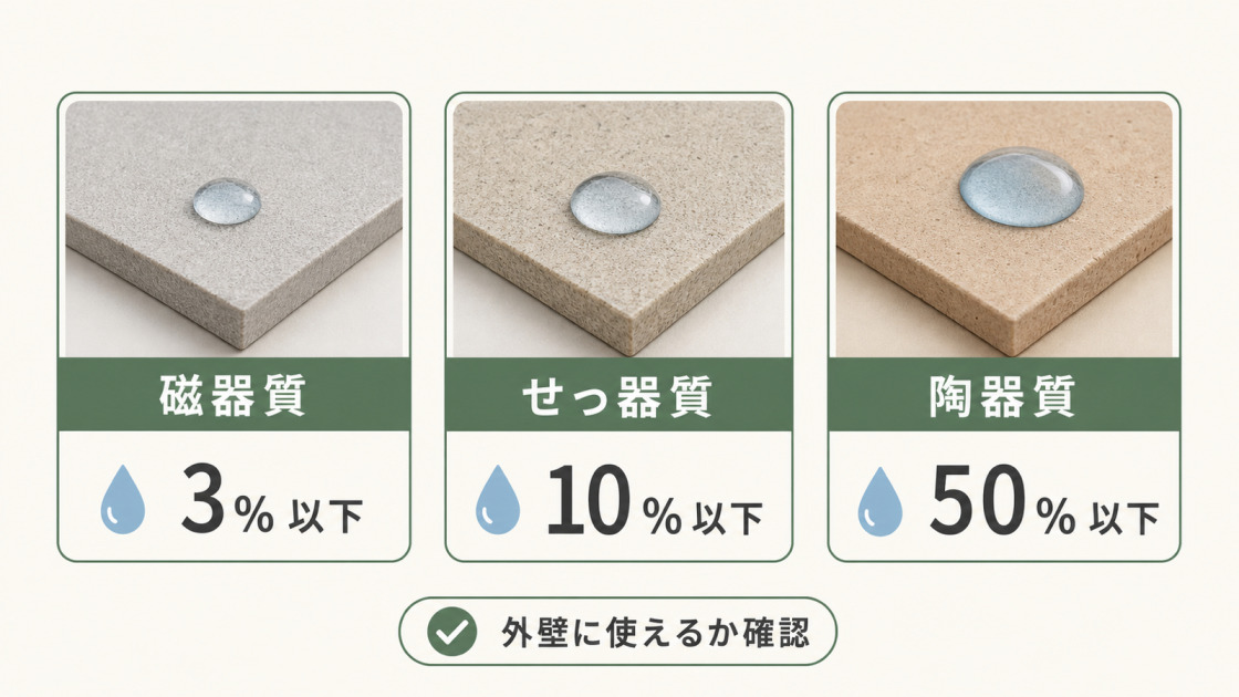磁器質は3％以下、せっ器質は10％以下、陶器質は50％以下というタイル素材別の吸水率の目安を比較した図解