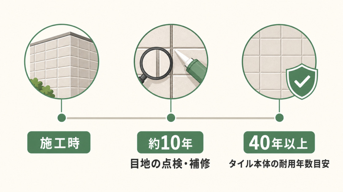 施工時から約10年を目安に目地を点検・補修し、タイル本体は40年以上の耐用年数が目安であることを示した図解