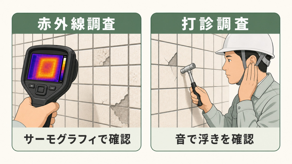 サーモグラフィで確認する赤外線調査と、打診音でタイルの浮きを確認する打診調査を比較した図解