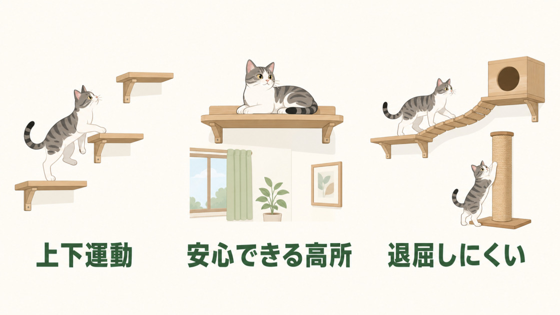 キャットウォークで上下運動する猫、高所で休む猫、退屈しにくい環境を示した3つのメリットの図解